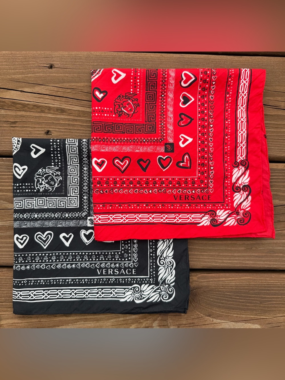 Versace Red & Black Heart Bandana Scarf Duo